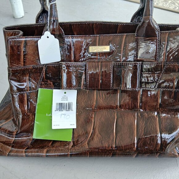 Genuine Kate Spade Brown Patent Leather Faux Croc Pattern Bow Tote NWT - Picture 1 of 7